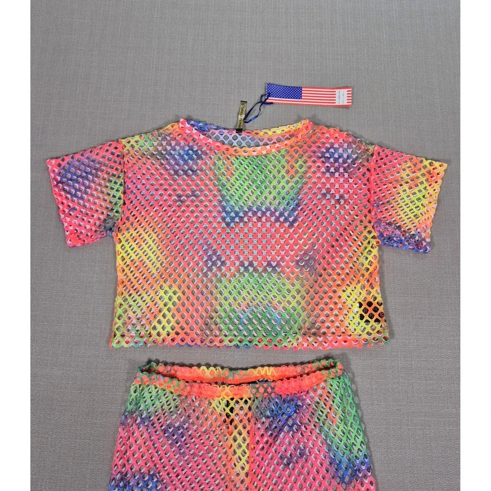 American Leisure Rainbow Tie Dye Fishnet Crop Top and Shorts Set XXL New